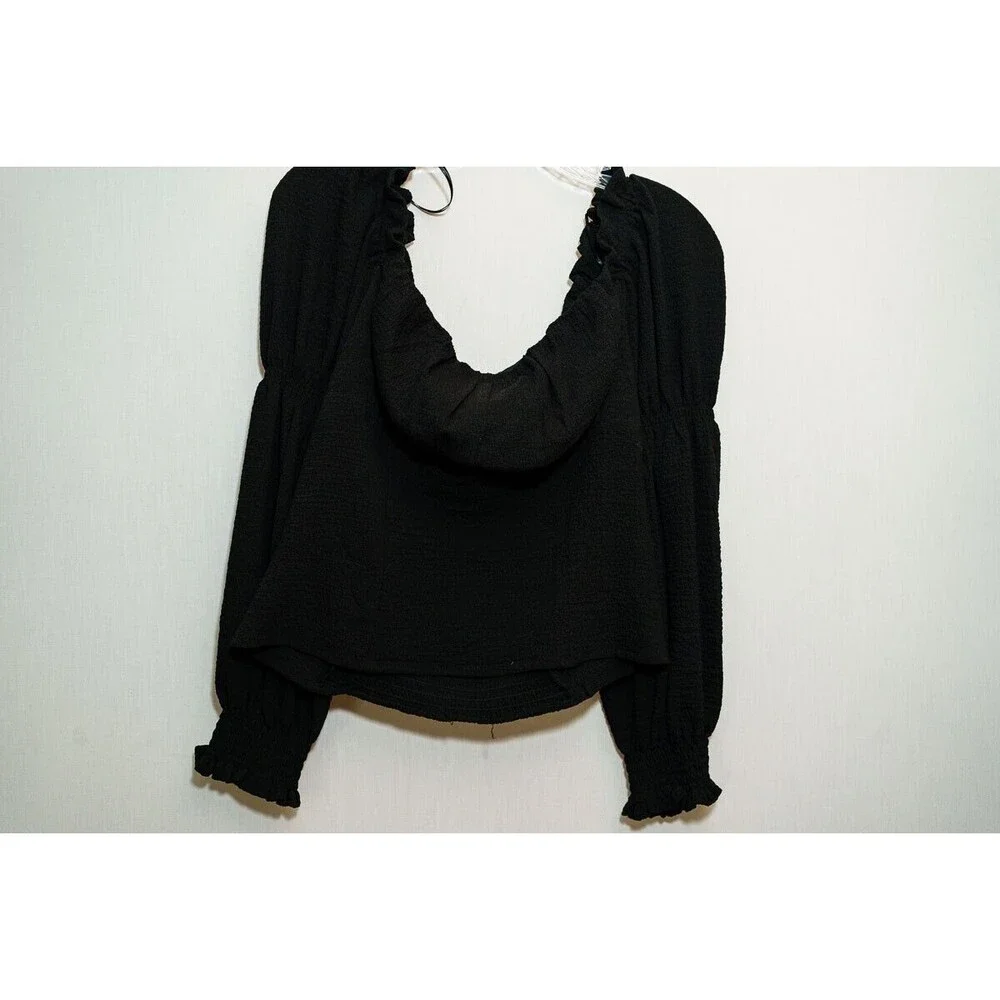 ASTR the label top Ruched Textured Puff‎ Sleeve Square Neck babydoll cropped